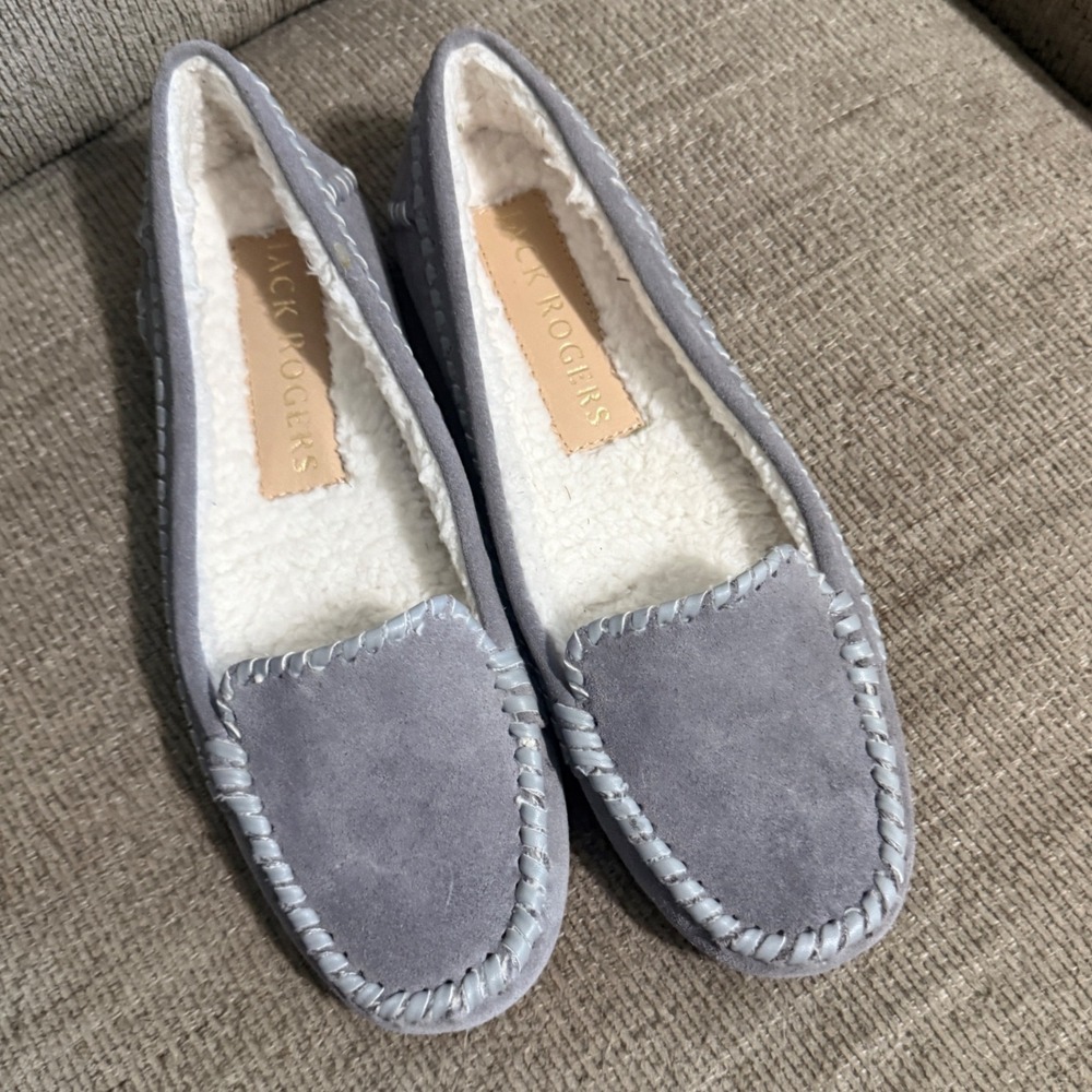 Jack Rogers Moccasin Loafers Suede Faux Shearling 6.5B Grey Excellent Whipstitch